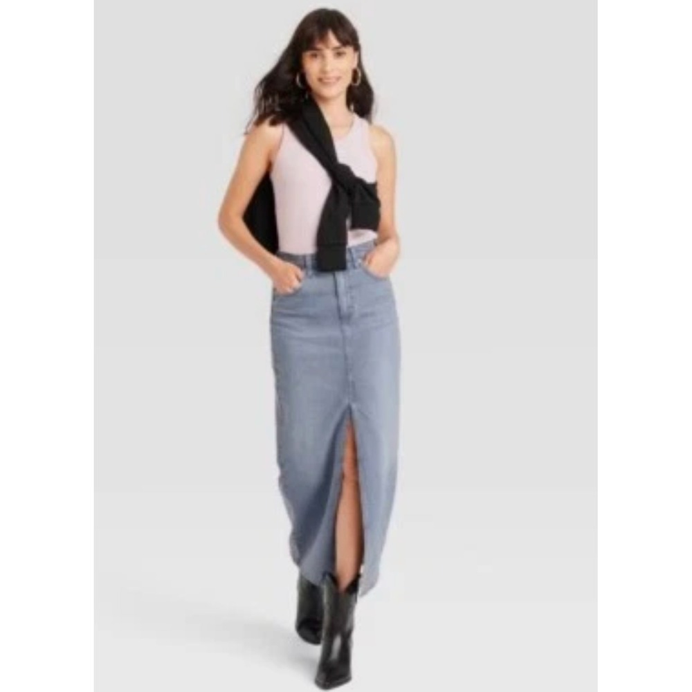 New‎ Denim Column Maxi Skirt 2 XS Blue Wash Front Slit Western Universal Thread